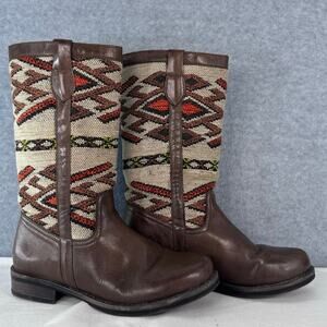 Eric Michael Women 38 US 7.5-8 Tapestry Brown Leather Pull On Southwestern Boots